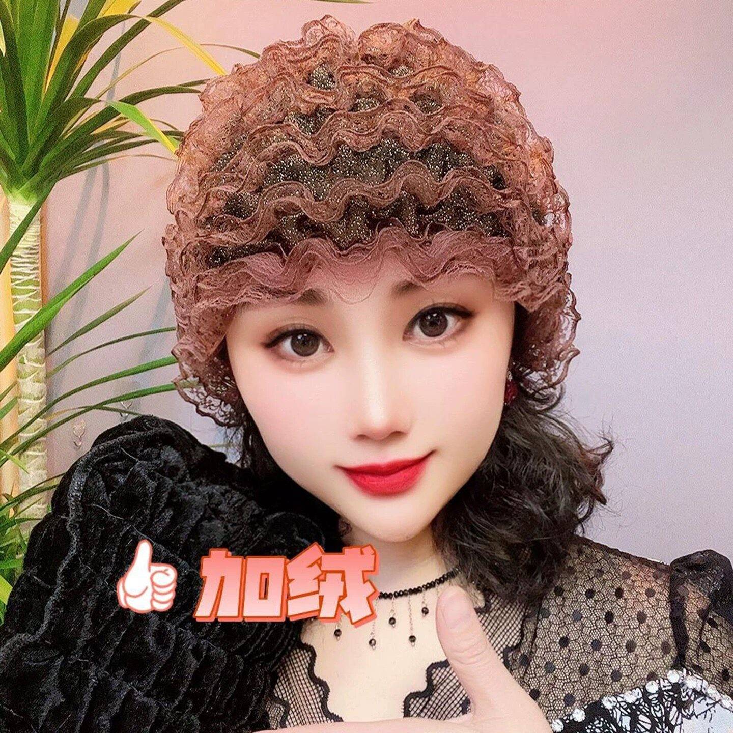 帽子遮白发的头饰新款秋冬盖蕾丝花边弹力包头帽洋气中老年防尘假图片