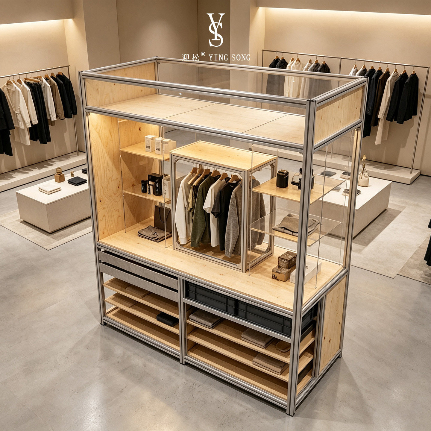 现代简约展示架木质玻璃展示柜多层收纳置物架服装店陈列架储物架
