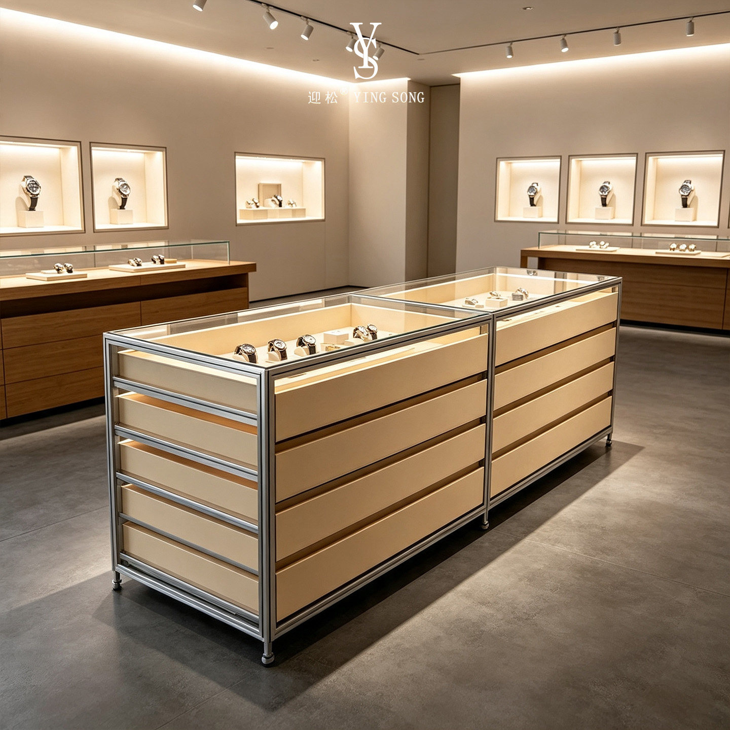铝型材桦木海洋板玻璃中岛柜中古奢牌名表门店陈列展示台定制