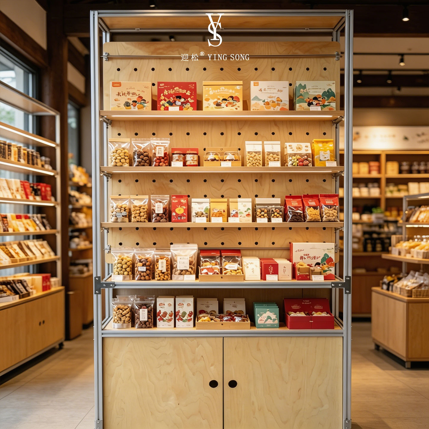 带轮铝木陈列架国风刺绣饰品展柜洞洞板挂饰多层商用展示货架图片