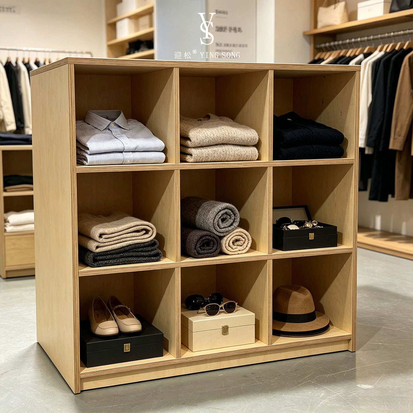 服装门店九宫格置物柜 浅木色包包帽子配饰分格落地展示货架