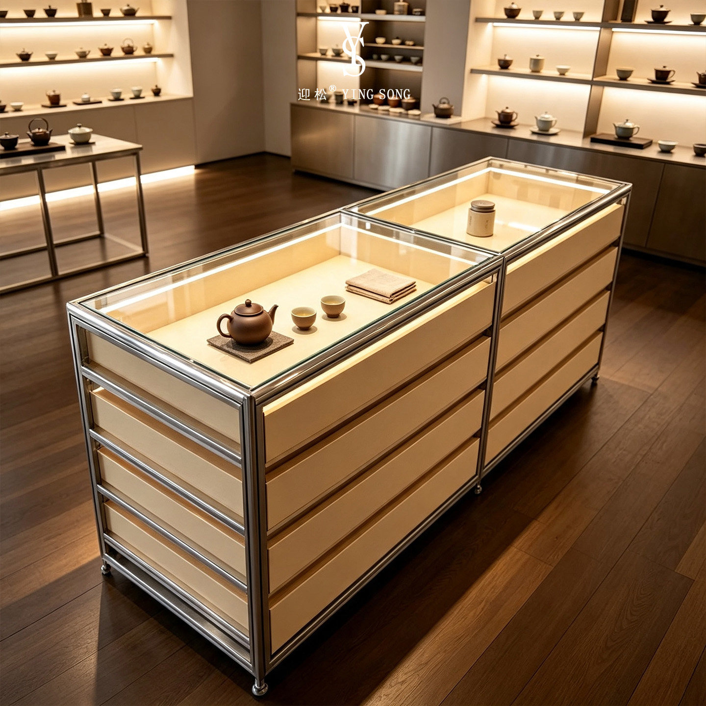 铝型材桦木茶具展示柜玻璃中岛柜高端茶具门店陈列展示台可定制