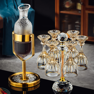 旋转高脚杯 奢华高档金色摇摆醒酒器家用水晶玻璃红酒杯杯架套装