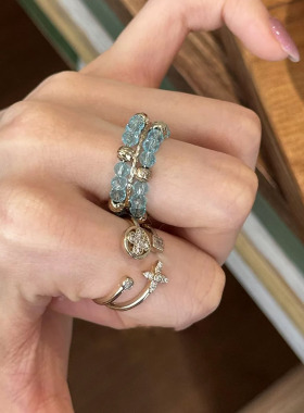 S925纯银咖啡金蓝色水晶串珠戒指