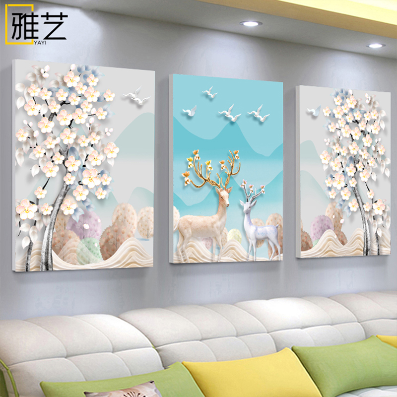 客厅装饰画沙发背景墙挂画简约大气卧室餐厅麋鹿三联画欧式墙壁画图片