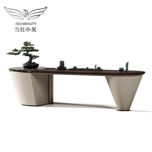 办公室茶桌奢石喝茶桌轻奢现代高端实木大理石茶台别墅家用泡茶桌