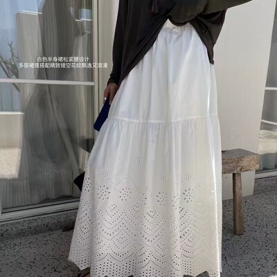 SOUL素予2025夏新款法式镂空提花刺绣半身裙松紧腰A字中长裙6449