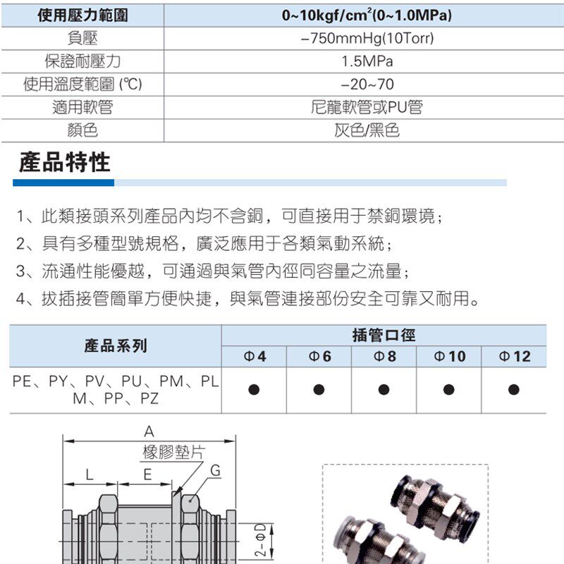 亚德客气管快速接头隔板直通穿板快插接头PM4/6/8/10/12 APM16/14