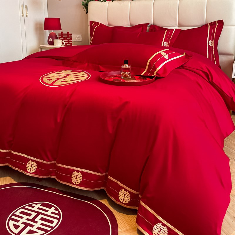 高级感中式全棉新婚庆四件套大红色喜被纯棉床单被套结婚床上用品