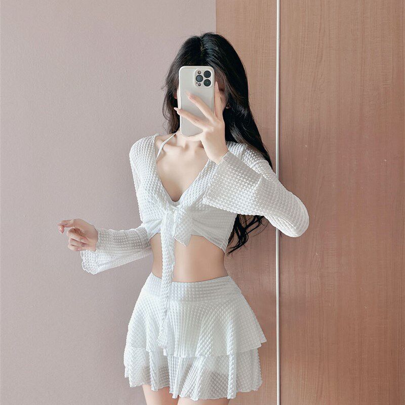 泳衣女小个子女款泡温泉遮肉分体三件套白色2025新款爆款海边度假