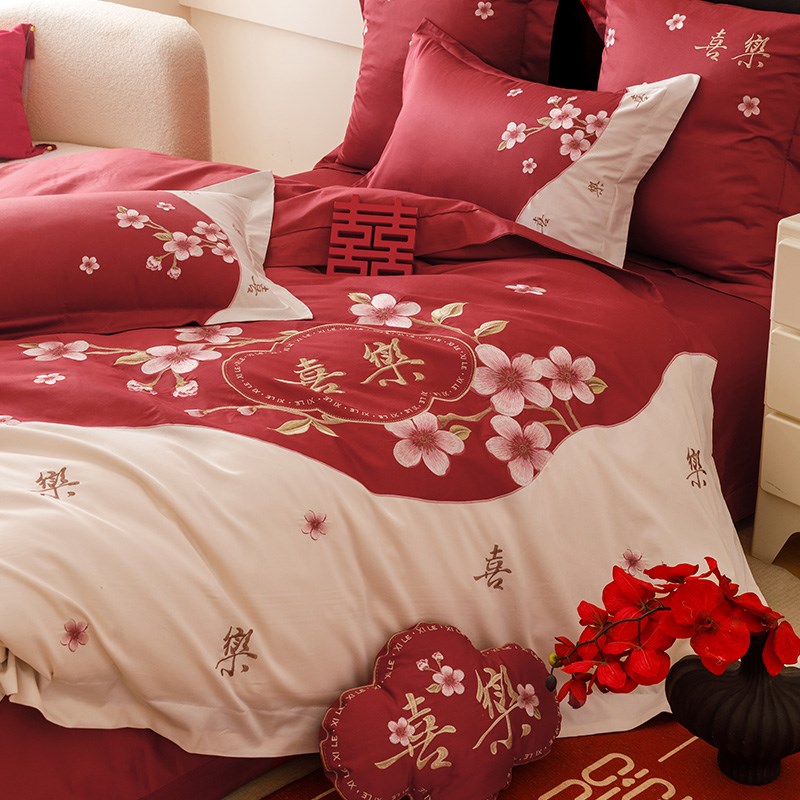 小浪漫高支全棉结婚四件套花卉刺绣纯棉喜嫁被套床单红色床上用品