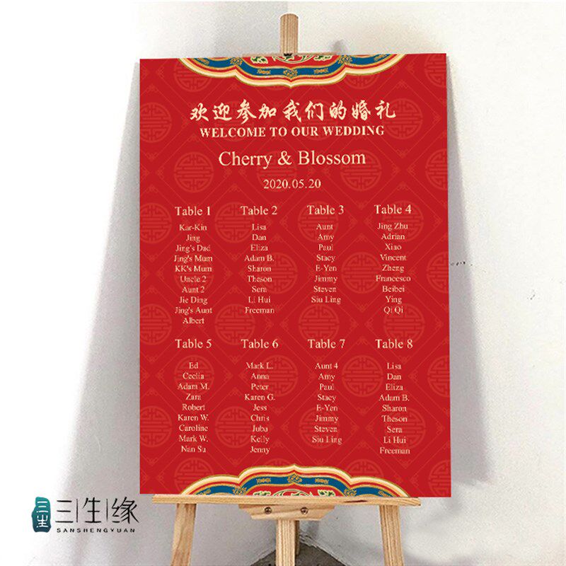 定制中式婚礼席位图订婚宴海报宴会宾客名单迎宾牌红色生日座位表