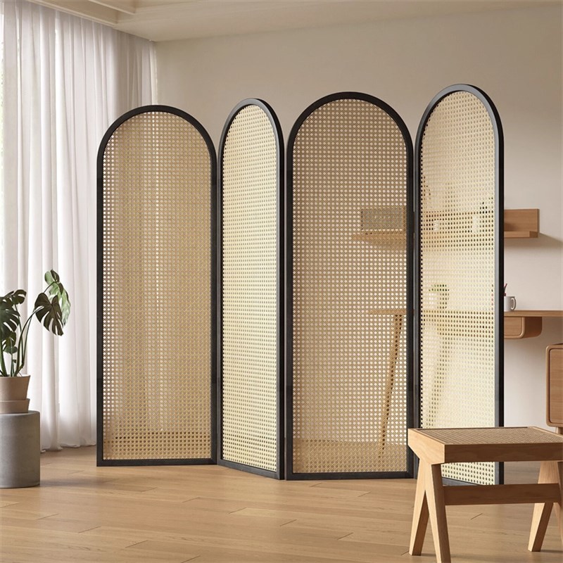 白圆实木藤编屏风隔断客厅民宿办公室入户门移动可折叠中古诧寂风