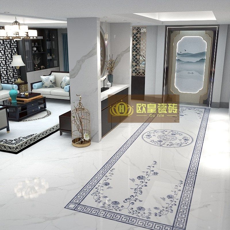 现代典雅青花瓷图案造型地砖入户玄关E别墅客厅拼花瓷砖800x800
