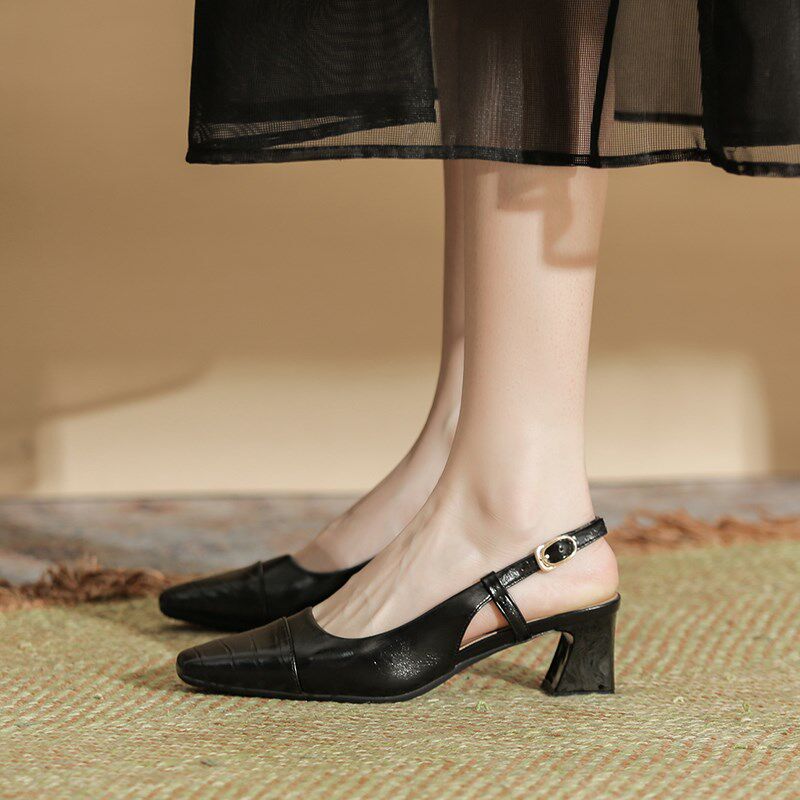黑色方头粗跟中跟高跟5cm凉鞋女2024春夏款精致一字带不累脚单鞋