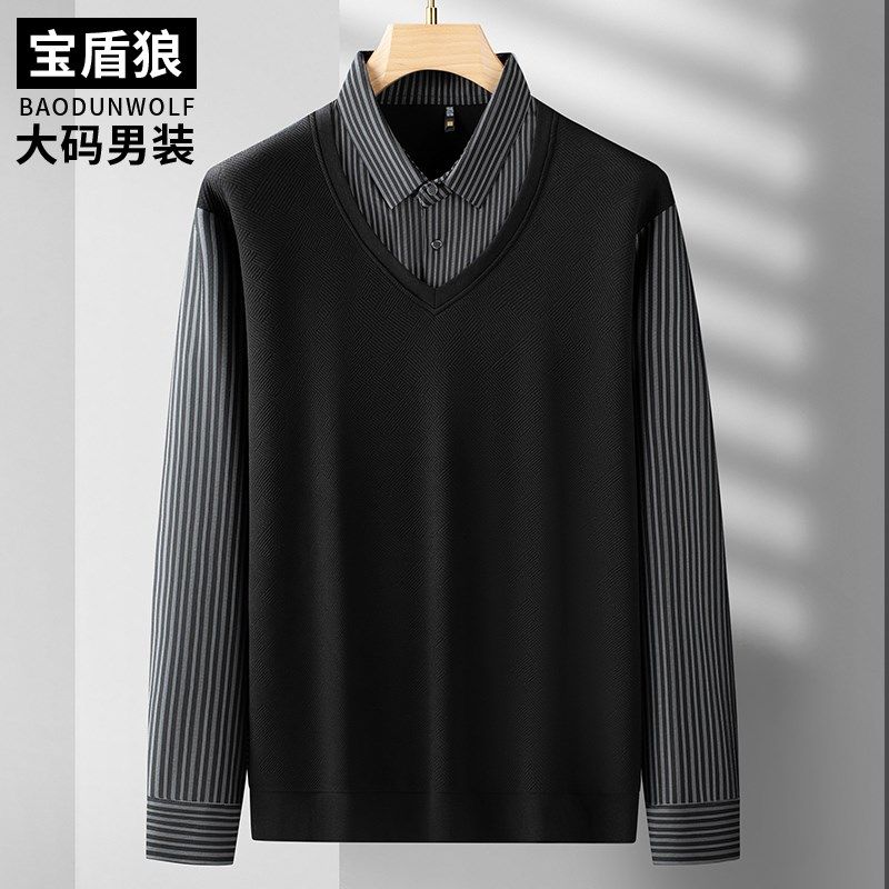 大码假两件衬衫男士时尚条纹套头长袖衫J胖子加大号宽松弹力打底