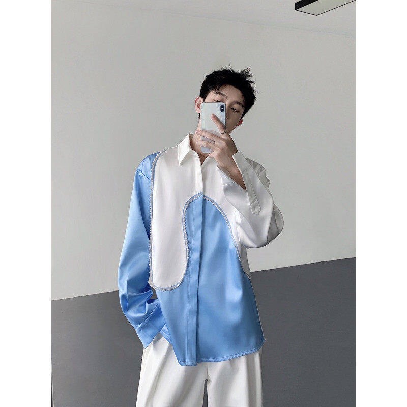 春夏利基串珠醋酸光泽丝绸垫肩对比色衬衫男人的缎面时尚设计衬衫