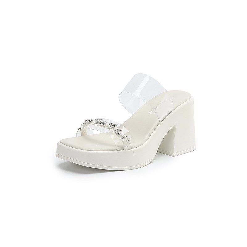厚底高跟拖鞋女夏外穿小个子增高凉拖法式透明水钻防水台粗跟凉鞋