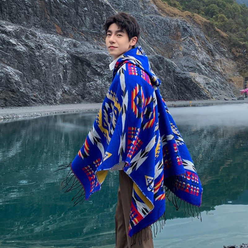 民族风大披肩男宝蓝色外搭披风斗篷带帽围巾云南丽江新疆旅游拍照