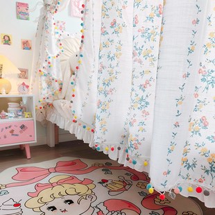 卧室床对门隔断碎花布艺窗帘法式 屏风女孩门帘半遮光免打孔屏风