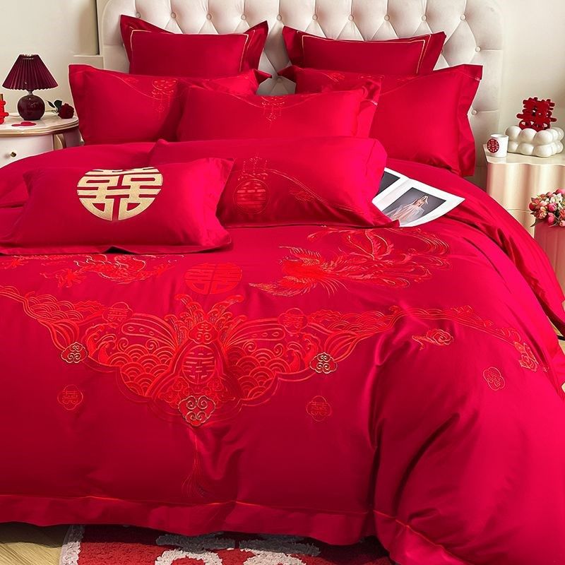 高档中式全棉龙凤刺绣大红色婚庆四件套新婚陪嫁纯棉被套床上用品
