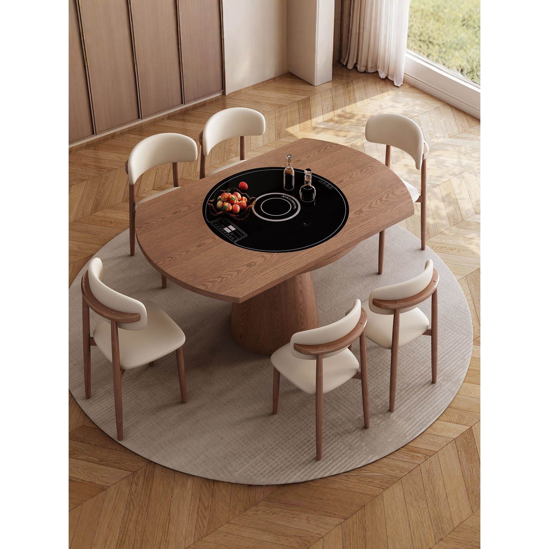 中古风实木伸缩餐桌椅家用多功能电磁炉折叠圆桌电动转盘火锅桌