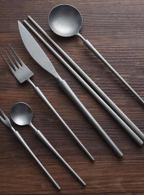 西餐具刀叉勺覆古做旧银灰色义大利面 面餐叉套装筷子甜品汤匙304