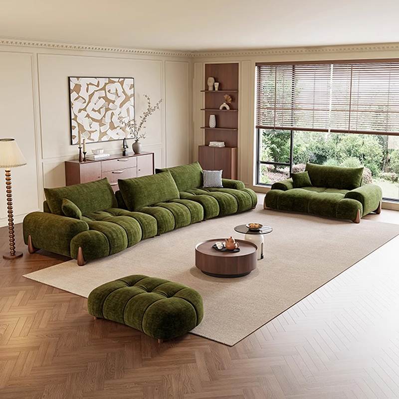 慕邦卡瑞 中古风客厅靠背小户型弧形大坐深绿色覆古风布艺沙发F