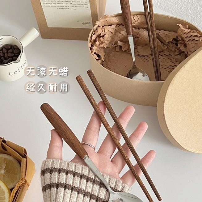 ins实木质筷子勺子套装便携收纳盒复古高级感一人学生上班族带饭