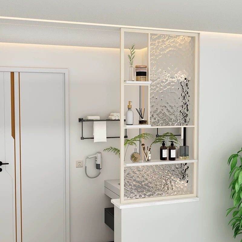 现代简约卫生间半墙屏风隔断置物架客厅卧室办公室玻璃铁艺置物柜