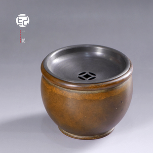 家用创意功夫干泡茶渣桶 复古锡盖铜钱建水 水盂带盖茶洗储水水洗