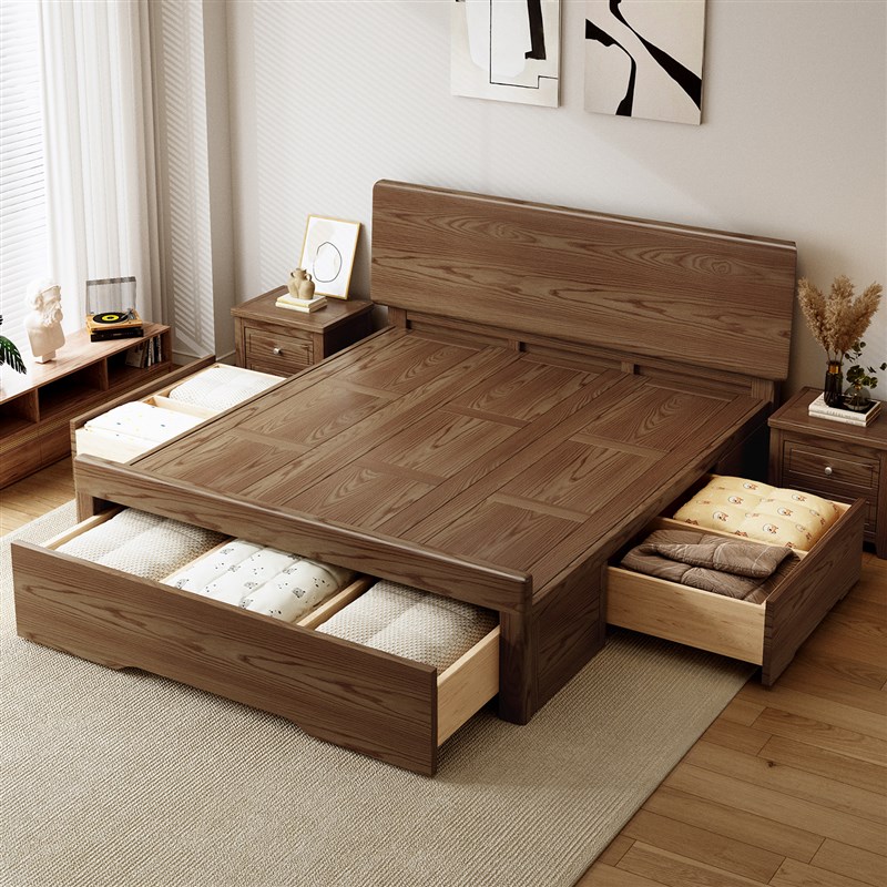 白蜡木床原木风实木床简约现代双人床主卧收纳三抽屉储物大婚床