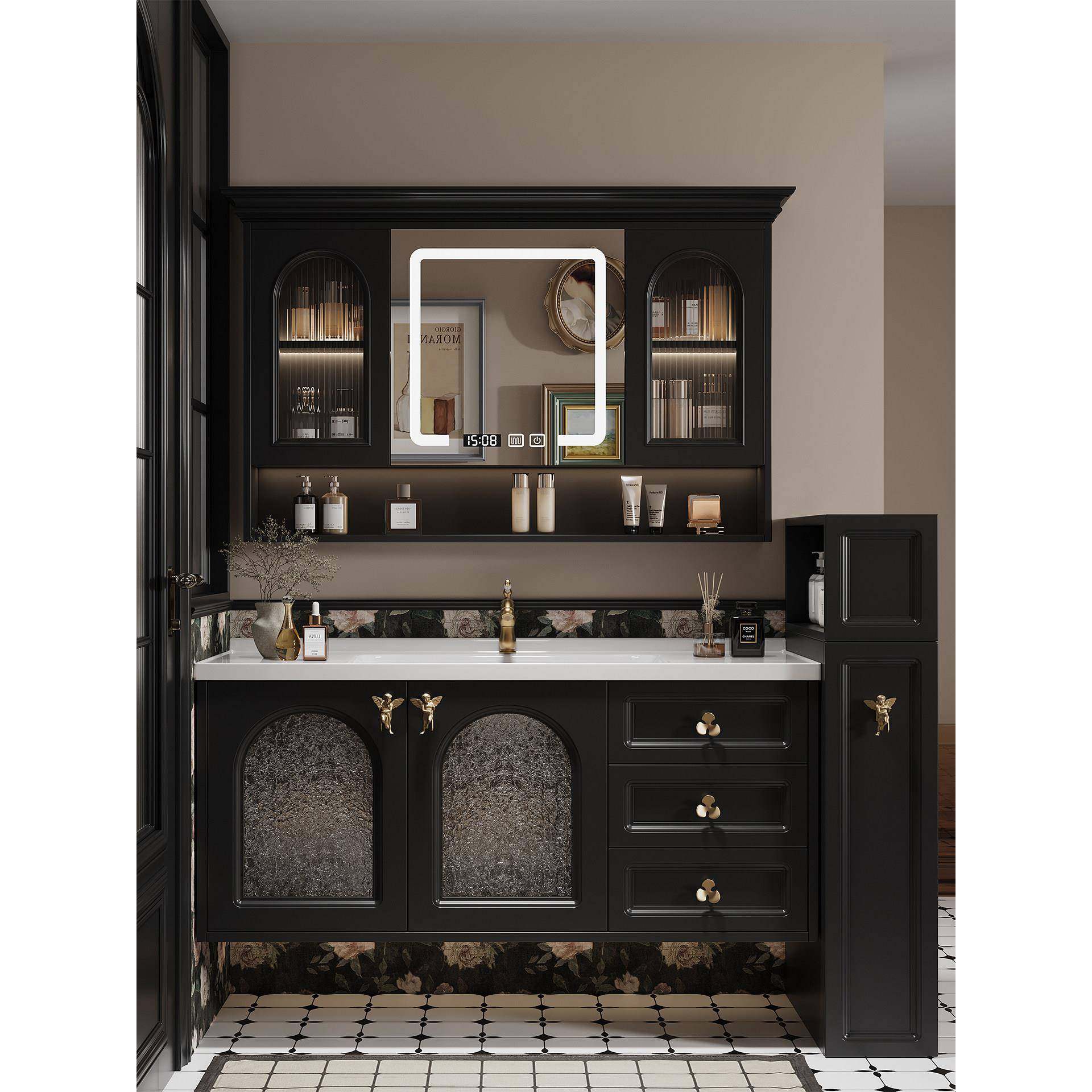 法式覆古卫生间半墙橡胶木浴室柜组合侧边拉篮储物陶瓷一体洗漱台,家装主材,浴室柜组合,淘宝优惠券,粉丝福利购,淘宝优惠卷