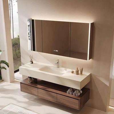 2025新款胡桃木陶瓷浴室柜组合岩板热弯一体式洗手盆洗漱台池定制