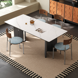 北欧不锈钢德利丰岩板餐桌现代简约小户型纯白意式极简岩板餐桌椅