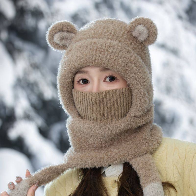 帽子女秋冬季户外防寒可围脖保暖一体帽韩系甜美可爱小熊毛绒帽新