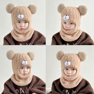 儿童帽子秋冬季韩版加厚毛绒保暖围脖一体帽男女童可爱防风套头帽