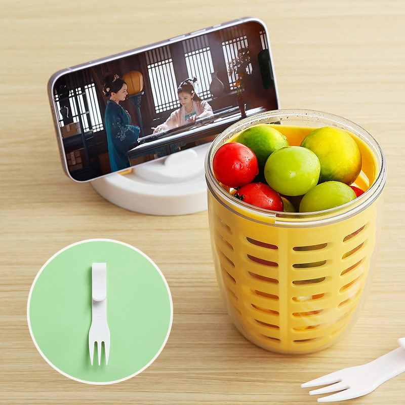 双层水果盒沥水保鲜盒上班族外带圆形厨房水果盒沥水盒便当盒