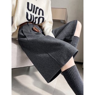 韩系灰色毛呢阔腿西装裤女春季巨好看的裤子配靴子加厚哈伦七分裤