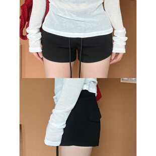 黑色高腰运动休闲短裤女夏季新款外穿辣妹抽绳三分裤直筒显瘦热裤