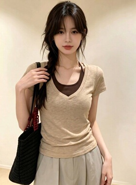 夏季假两件设计吊带V领短袖T恤女修身显瘦简约日常通勤小众小上衣