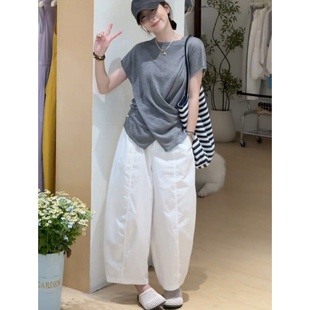 子 韩系极简白色九分阔腿休闲裤 女夏季 2025新款 高腰宽松弯刀香蕉裤