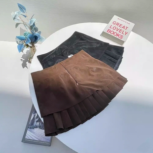 秋冬韩版设计感麂皮半身裙女高腰百褶短裙小众a字显瘦包臀皮裙子