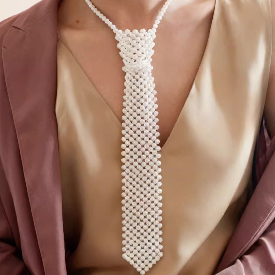 欧美时尚手工编织珍珠领带项链女
