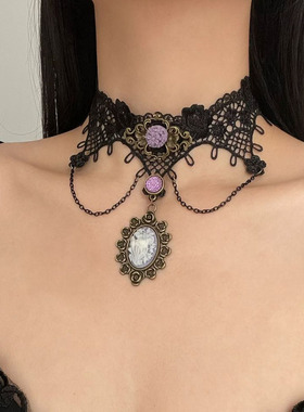 黑色蕾丝紫色花朵椭圆吊坠项链女
