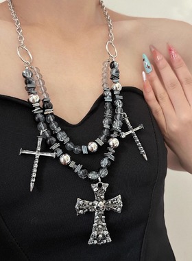 双层串珠镶钻骷髅头十字架项链女