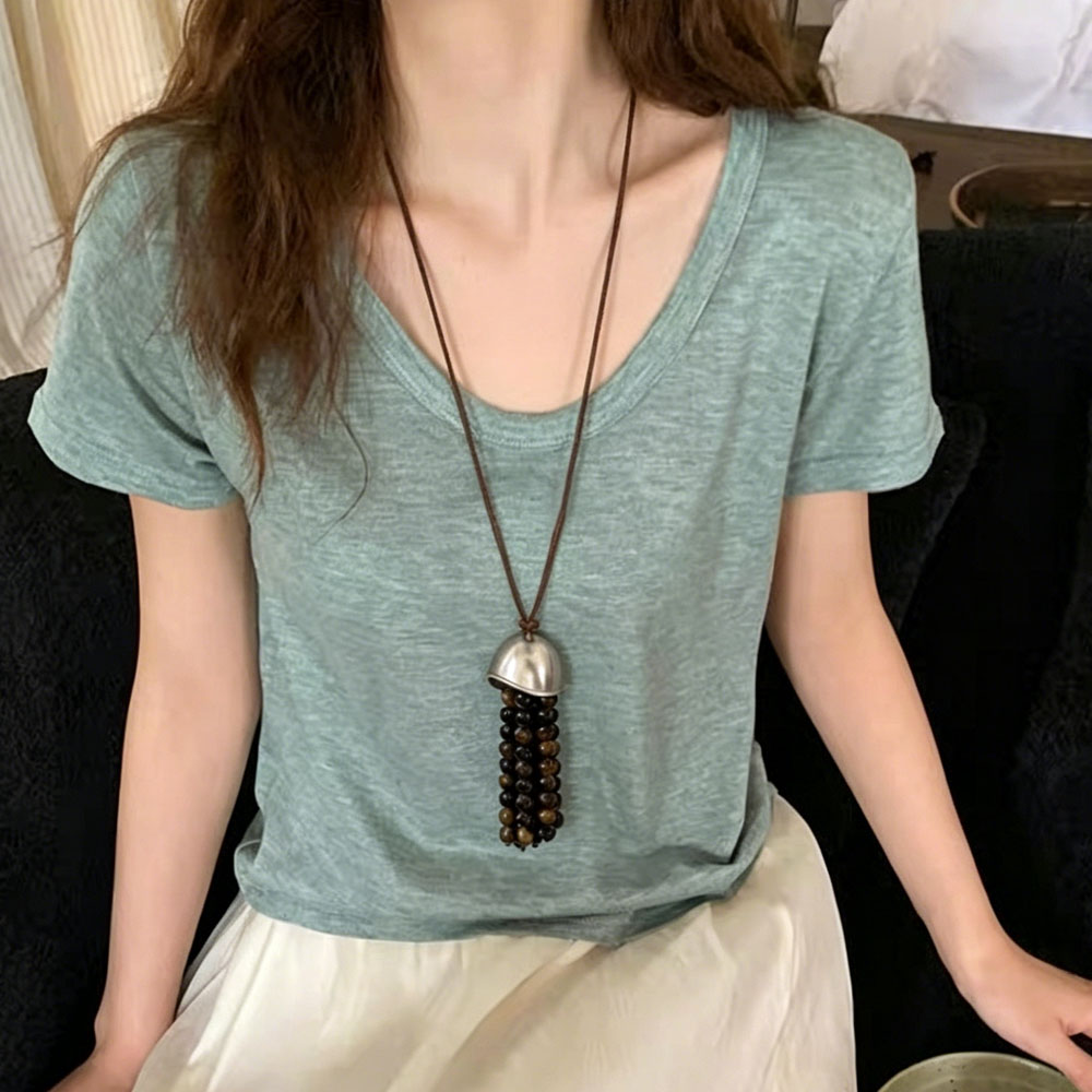 韩版复古棕色虎石串珠流苏项链女小众新长款金属花丝盖果壳毛衣链