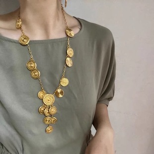 老钱风复古金属罗盘圆片圆币项链女重工黄铜流苏长款毛衣链配饰