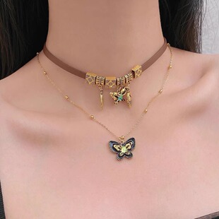 美德拉棕色皮质流苏蝴蝶吊坠项链女甜酷复古双层choker锁骨链颈链