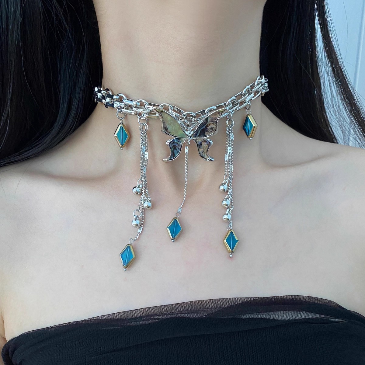 欧美重工金属水晶流苏蝴蝶项链女